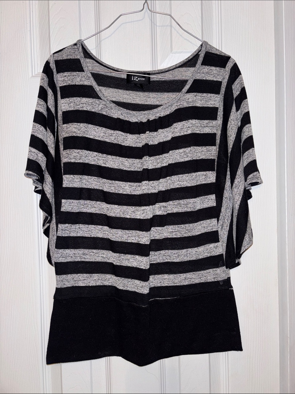 Iz Byer Black and Gray Striped Scoop Neck Sweater
